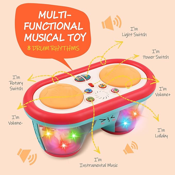 Baby Toys for 6 to 12 Months, Drum Musical Learning Infant Toys Rotating Light Up Toys for 12-18 Months, Tummy Time Toys for Baby 0-3-6-9 Months, Baby Gifts Toys 1 Year Old