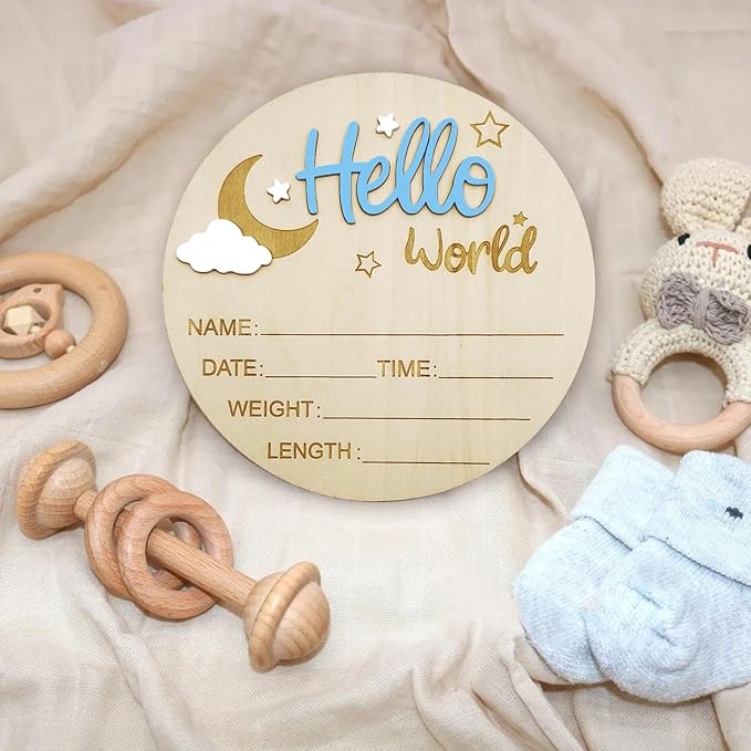 Baby Announcement Sign, 5.9 Inch Wooden Hello World Newborn Signs, Birth Announcement Sign and Pen, Moon and White Cloud Decoration, Welcome Newborn Arrival to World, Hospital Nursery for baby (Blue)