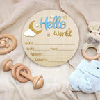 Baby Announcement Sign, 5.9 Inch Wooden Hello World Newborn Signs, Birth Announcement Sign and Pen, Moon and White Cloud Decoration, Welcome Newborn Arrival to World, Hospital Nursery for baby (Blue)