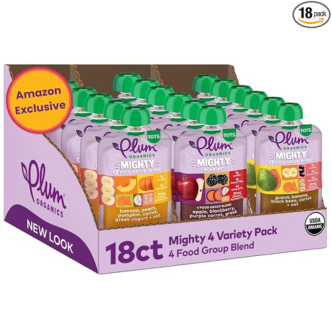 Plum Organics Variety Pack, 12+ Months – Toddler’s Delicious Discovery Flavors – Mighty 4 Organic Fruit & Veggie Pouches – 4 oz Pouch, Pack of 18 (Amazon Exclusive)