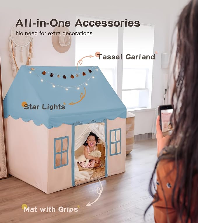 Play Tent with Mat, Star Light Large Kids Playhouse with Windows Easy to Wash, Indoor and Outdoor Play Tents for Kids, Little Dove Toys for Girls, Boys, 47x40x52 (Blue Playhouse, Large Size)