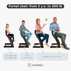 FORNEL Modern Black Wooden High Chair | The Adjustable Grow-with-Me Chair, A Sleek Alternative to Stokke | Perfect for Minimalist & Industrial Kitchens