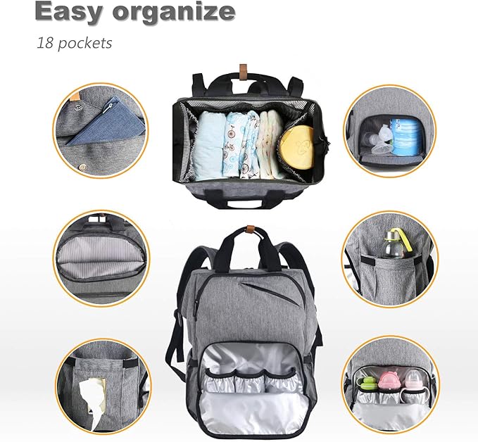 Hap Tim Diaper Bag Backpack,Large Capacity Travel Back Pack Maternity Baby Nappy Changing Bags, Double Compartments with Stroller Straps,Waterproof,Grey (US7340-G)