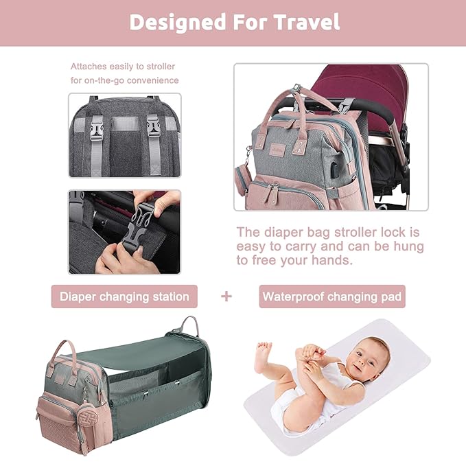 JOLLITO Baby Diaper Bag Backpack with Changing Station, Large Capacity, Stroller Straps and USB Charging Port, Baby Registry Search for Boys & Girls