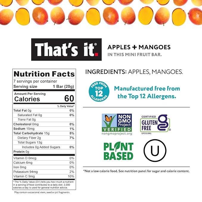 That's it. Mini Fruit Bars (Variety 35 Pack) No Sugar Added, Plant-Based, Vegan & Gluten Free, Breakfast Bar, Paleo, for Children & Adults, Non GMO, Fiber (7 Blueberry, 7 Cherry, 7 Fig, 7 Mango, 7 Strawberry)