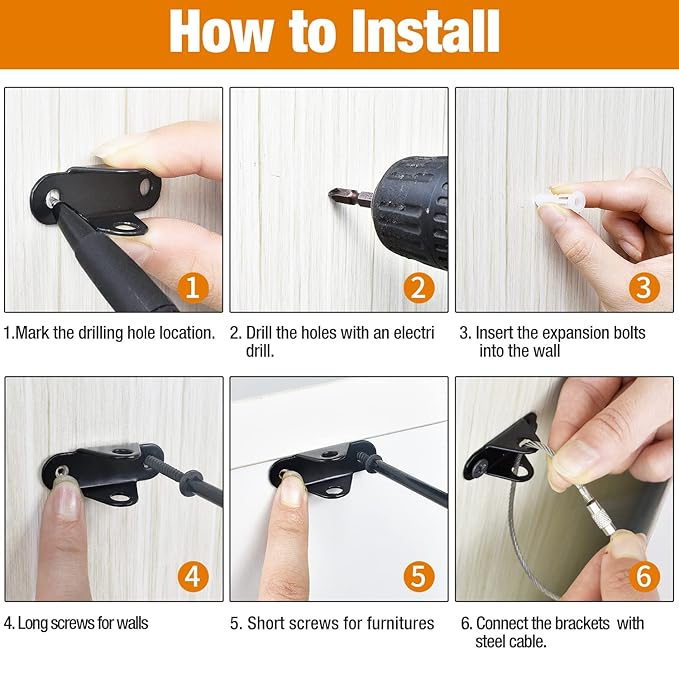 Furniture Anchors (10 Packs) Anti Tip Furniture Anchors for Baby Proofing, Furniture Wall Anchor Earthquake Straps for Furniture Dresser Wall Safety Anchor Furniture Fasteners to Wall, Black