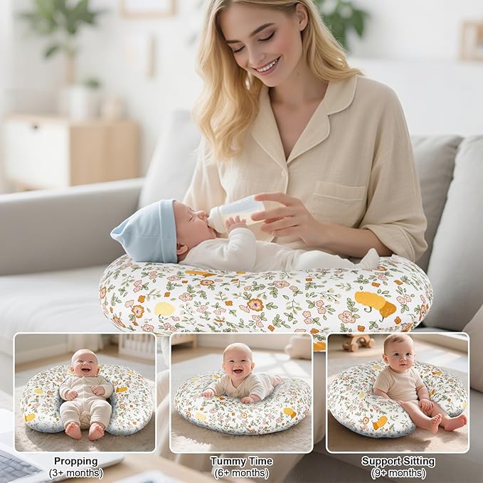 Nursing Pillow, Breastfeeding Pillow with Removable Cotton Cover, Baby Feeding Pillow for Mom Easier Breast Feeding and Bottle Feeding, Breastfeeding Support Cushion for Newborn (Flower Beige)