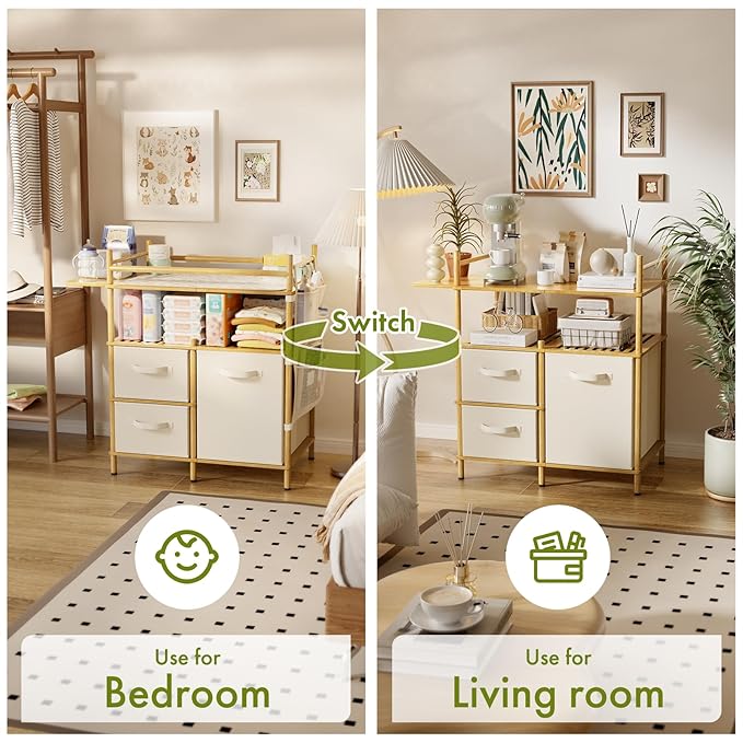 Amazer Baby Changing Table, Bamboo Diaper Changing Station with 3 Removable Storage Drawers, Baby Dresser Table with Flat Top, Large Storage Nursery Organizer Shelves with Pad, Mesh Pocket