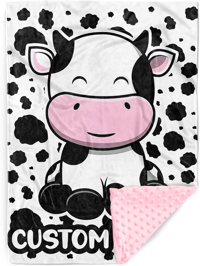 Personalized Baby Blankets for Girls, Custom Name White Cow Pattern Baby Blanket, Soft Minky Dot Blanket for Newborns and Toddlers, Ideal for Baby Showers Christmas Brithday Gifts
