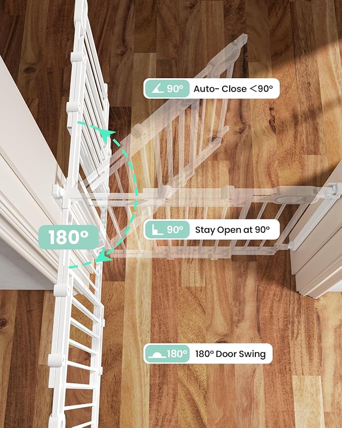 Grownsy Baby Gate for Stairs- No Bottom Bar, Adjustable Width 29.8” to 43.5” for Child and Pet, Dog Gate with Auto-Close & One-Hand Operation, Hardware-mounted Installation for Doorways and Indoor Use