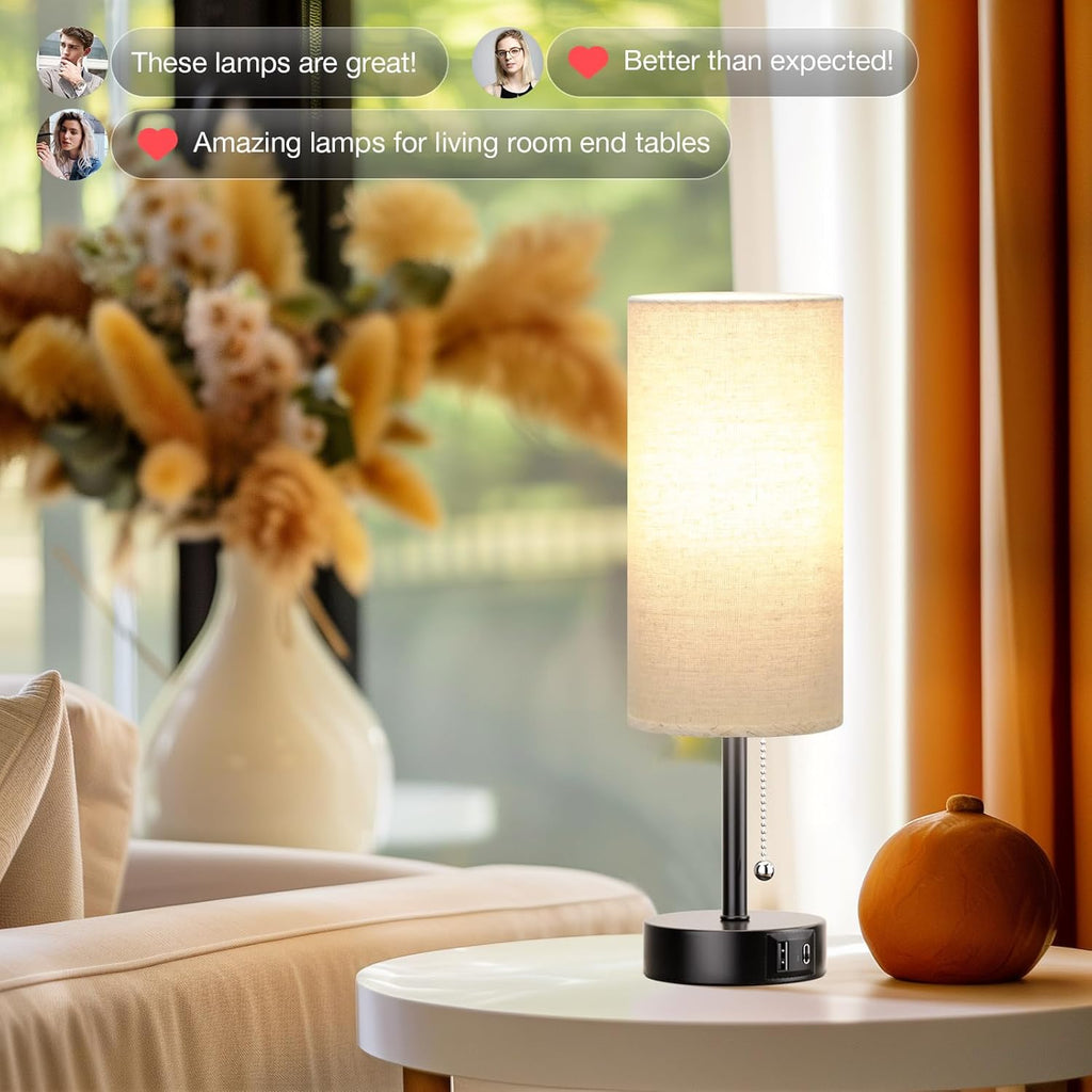 Small Bedside Lamp for Bedroom Nightstand - Table Lamp with USB A + C Charging Port, 3 Color Temperatures Pull Chain Night Stand Light, Side Table Desk Reading Lamp for Living Room/Dorm Room