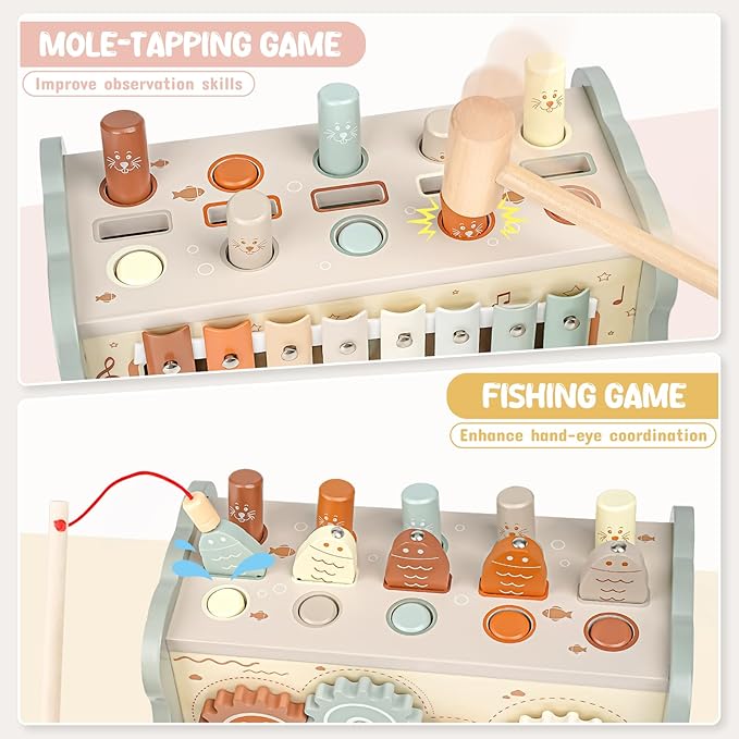 Joyreal Wooden Montessori Toys for 1 Year Old - Hammering Pounding Toy with Xylophone & Fishing Game - Educational Toddler Activities for 1 2 3 Year Old Christmas Birthday Gifts