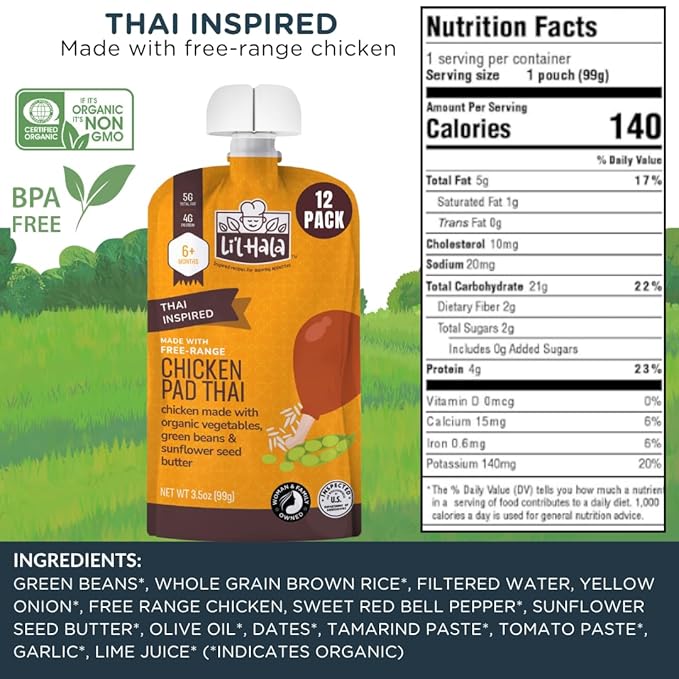 Li’l Hala Chicken Pad Thai Baby Food Pouches – Free-Range Chicken & Organic Veggies – Toddler Meals with Meat – Protein & Healthy Fats Puree – No Hormones – 6+ Months – 3.5 oz (12 Pack)