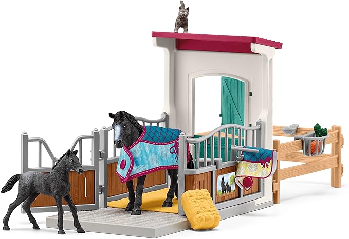 Schleich Horse Club - 34PC Stall Horse Toy Playset with Mare and Foal Figure, Cat Figurine, and Accessories - Stable Extension Set for Girls and Boys - Interactive, Realistic Kids Toys Ages 5+ | 42611