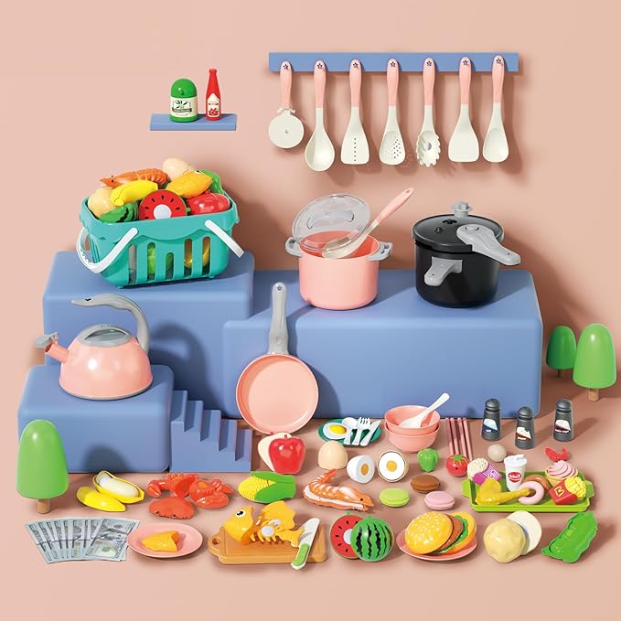 130Pcs Kitchen Playset, Toddler Pretend Cooking Play Pots, Pans, Utensils Cookware, Daily Food Fruit Veges, Shopping Storage Basket, Dessert, Prop Money, Learning Gift for Child (Pink)