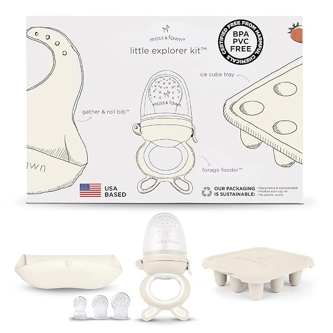 Moss and Fawn Little Explorer Kit - Silicone Frozen Breast Milk Popsicle Kit with Forage Feeder, Teething Popsicle Ice Cube Tray, & Gather & Roll Baby Feeding Bib - BPA, PVC, & Lead-Free - Ecru