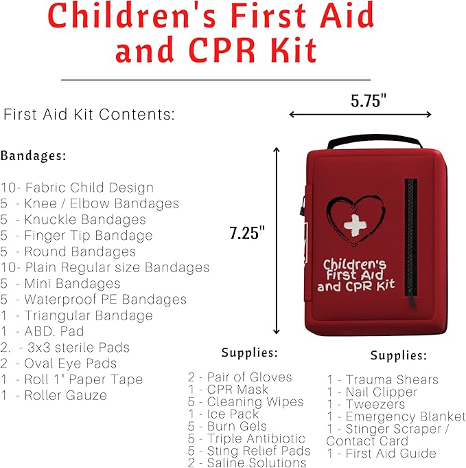 Portable First Aid Kit for Kids with CPR Shield - Ideal for Home, Car, School, Camping, and as a Travel First aid kit. Latex-Free Bandages – Children First Aid Guide by The Life Safety Pro