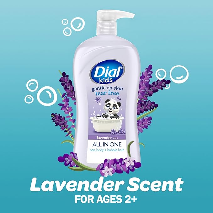 Dial Kids All-in-1 Body + Hair + Bubble Bath, Lavender Scent, 32 Fl Oz, Hypoallergenic Body Wash & Shampoo, No Tears Formula for Kids 2+ Years, No Parabens & Silicones