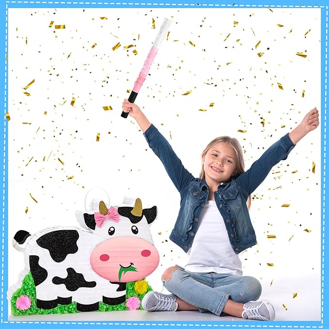 WERNNSAI Dairy Cow Piñata - Farm Animal Party Game Cow Pinata for Girls Birthday Party Decorations Kids Happy Party Favor Supplies with Bat Blindfold, Farm Theme Candy Toys Filler