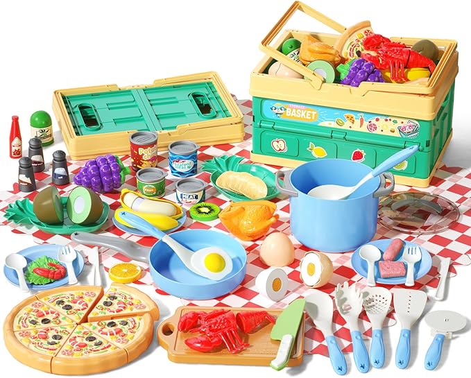 80Pcs Kitchen Playset, Toddler Pretend Cooking with Pots, Pans, Cookware, Food, Picnic Blanket, Fruits, Veges, Shopping Storage Basket, Dessert , Learning Gift for Girls Boys (Blue)