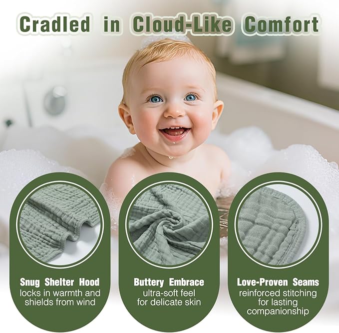 Hooded Baby Bath Towels for Newborn, 2 Pack 100% Cotton 32x32Inch Baby Bath Towel with Hood for Babies, Infant, Toddler and Kids, Soft and Absorbent Newborn Essential (Green and Grey)