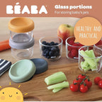 Beaba 2 Pack Glass Baby Food Jars, Freezer, Sterilizer, and Dishwasher Safe, 5 oz Baby Food Storage Jars with Silicone Air Tight Lid, Mineral/Sage