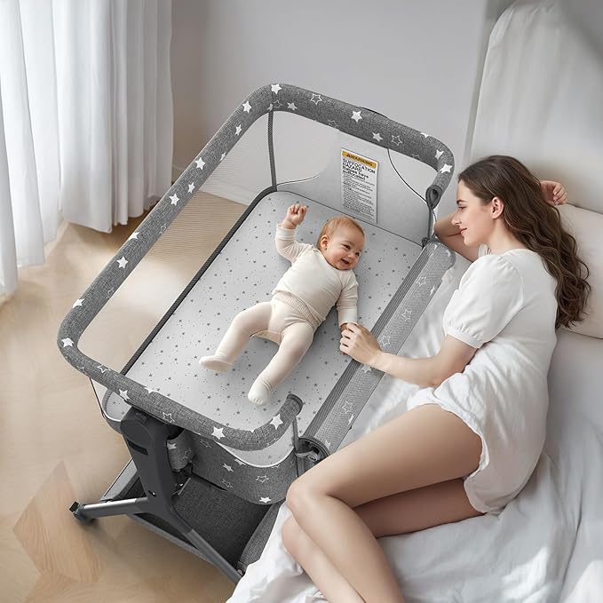 3 in 1 Baby Bassinet, Rocking Bassinet Bedside Sleeper with Comfy Mattress and Breathable Mesh, 6 Height Adjustable & Upgraded Wheels Portable Bedside Crib for Newborn