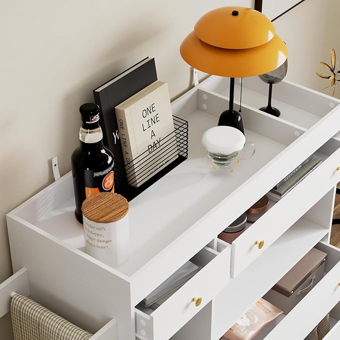 WOODTIME 43.3" W Nursery Dresser with Diaper Changing Tray, 2 Hidden Organizers & Towel Racks, Baby Kids Dresser Changing Table with 4 Drawers & 2 Shelves for Bedroom, White