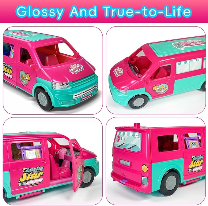 Doll Camper Van Playset for Girls,Portable Pretend Doll Car Set for Kid,Colorful Camper Vehicle RV Van with Furniture, Pool & Accessories,Outdoor Transformable Vehicles, Toddler Toys 3+
