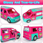 Doll Camper Van Playset for Girls,Portable Pretend Doll Car Set for Kid,Colorful Camper Vehicle RV Van with Furniture, Pool & Accessories,Outdoor Transformable Vehicles, Toddler Toys 3+