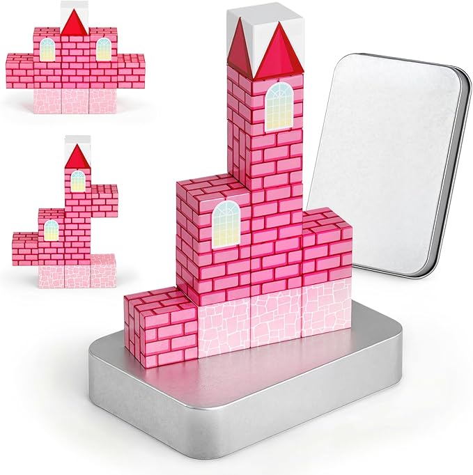 3 otters 12PCS Magnetic Building Blocks, STEM Learning Toys Magnetic Cube Kids Travel Activities with Storage Box for Girls Boys Birthday Gift (Castle)