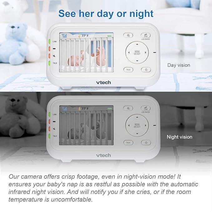 VTech VM3252 Video Baby Monitor with 1000ft Long Range, Auto Night Vision, 2.8” Screen, 2-Way Audio Talk, Temperature Sensor, Lullabies