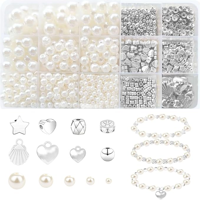 1000Pcs Pearl Beads for Bracelets Making, Pearl Beads for Jewelry Making for Adults, Silver Bracelet Beads DIY Kit, Silver Spacer Beads for Bracelets, Women Friendship Bracelet Making Kit (Silvery)