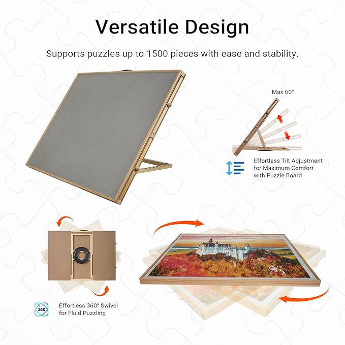 Wooden 2-in-1 Rotating & Tilting Puzzle Board for 1500 Pieces, 26"x36" Jigsaw Puzzle Table with Drawers, Cover & Lazy Susan, 60° Ergonomic Non-Slip Surface, Portable Board with 4 Sorting Trays