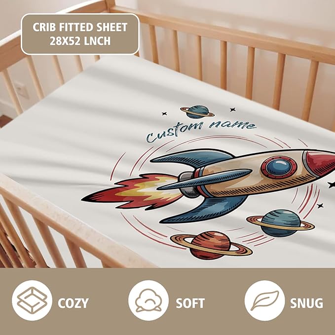Personalized Baby Crib Bedding Set – Astronaut Rocket Theme Nursery Bedding Sets 3 Piece with Custom Name Blanket, Fitted Crib Sheet & Changing Pad Cover – Ideal Newborn Gift for Boys