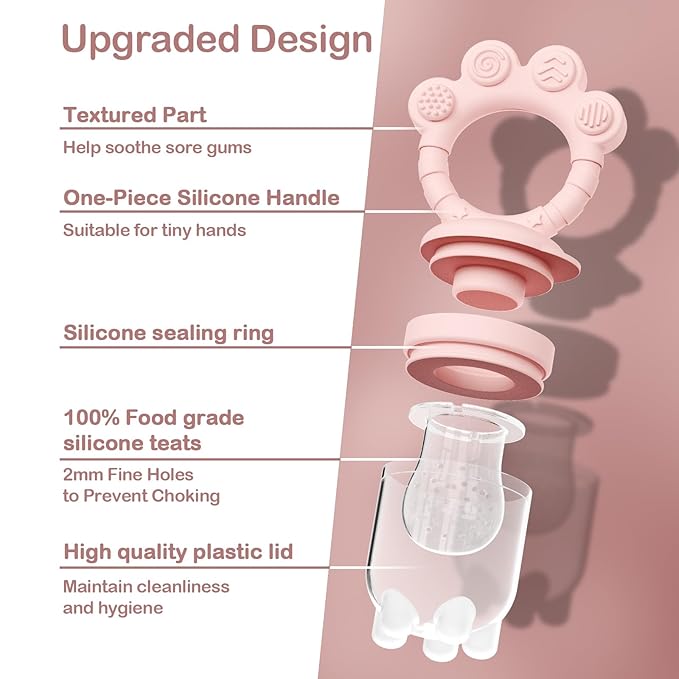 2 Pack Baby Fruit Food Feeder+Breastmilk Popsicle Molds,Baby Teethers,BPA Free,2mm Fine Holes to Prevent Choking,Perfect for Teething Relief & Infant Solid Food Introduction,3 M+（ Mauve Pink, Cream）