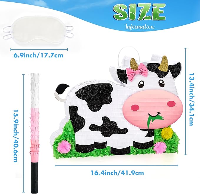 WERNNSAI Dairy Cow Piñata - Farm Animal Party Game Cow Pinata for Girls Birthday Party Decorations Kids Happy Party Favor Supplies with Bat Blindfold, Farm Theme Candy Toys Filler