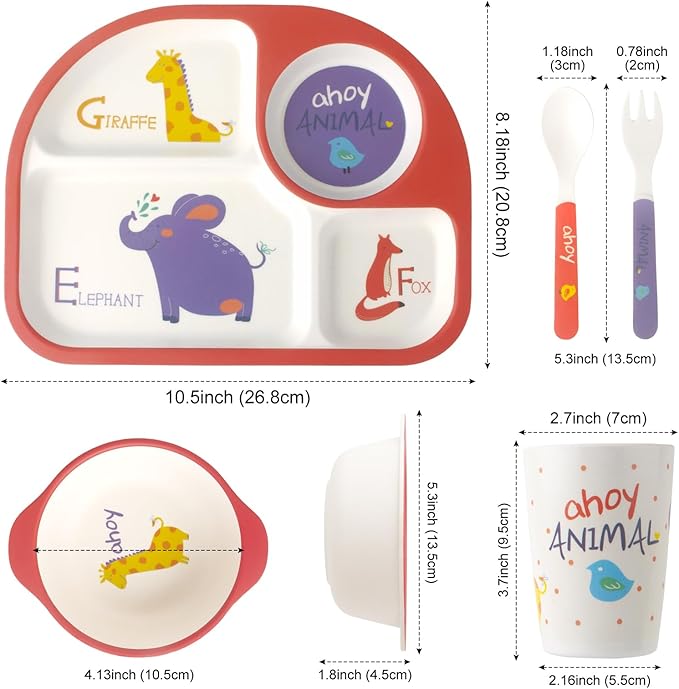 Kids Feeding Set 5 Pcs, Tableware Set for Toddlers Includes Plate Bowl Cup Fork and Spoon Utensil Flatware, Kids Flatware Set Dishwasher Safe, BPA Free (Animalworld)