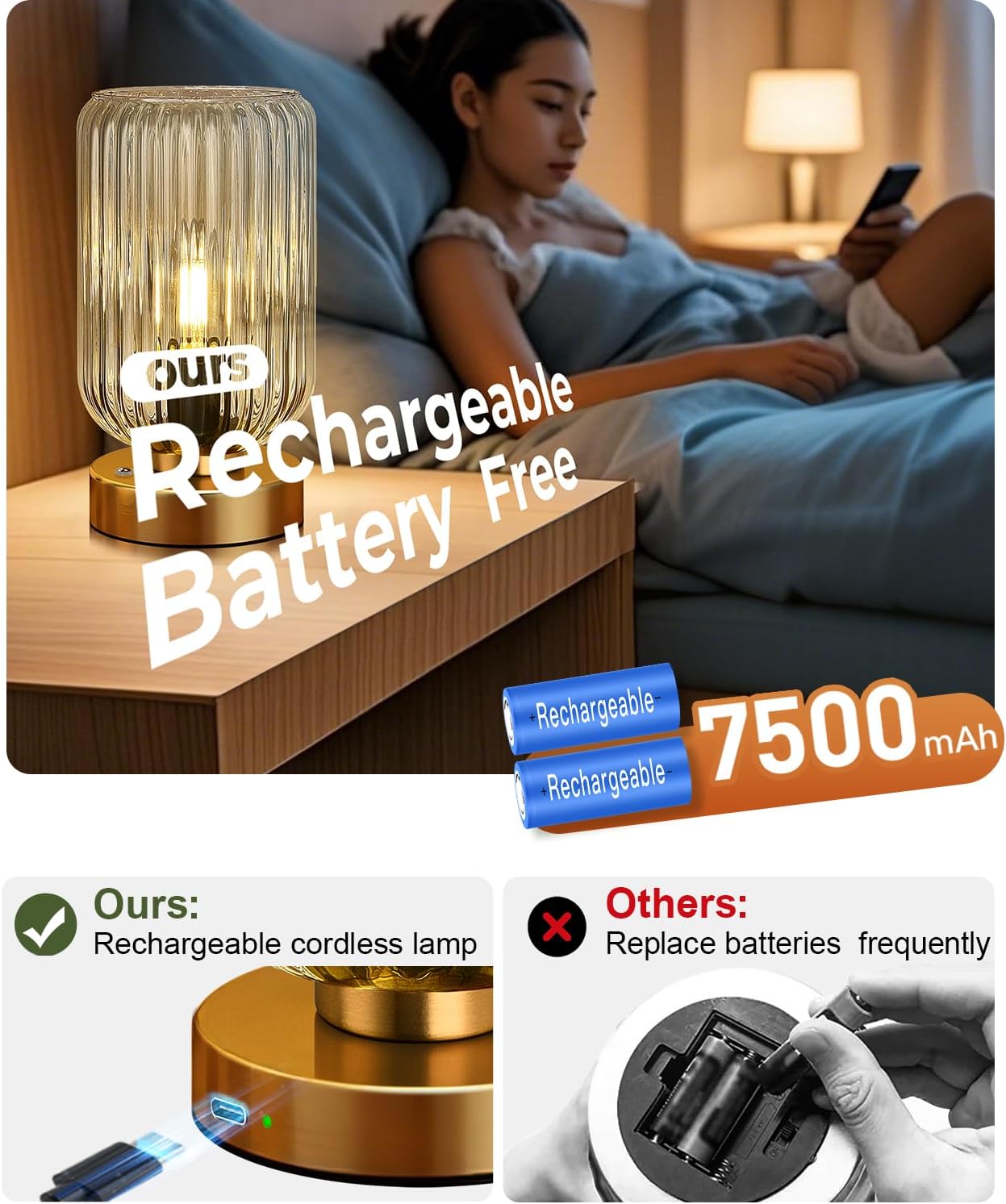 Touch Table Lamp for Nightstand - Small Bedside Lamps for Night Stands Bedroom Living Room, Dimmable Rechargeable Desk Lamp Battery Operated with Clear Glass Shade, Bulb Included