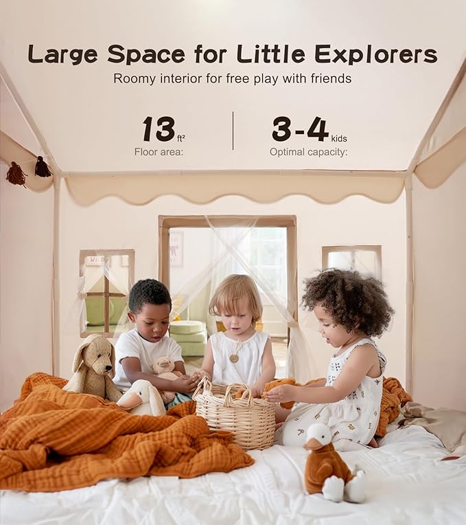 Play Tent with Mat, Star Light, Large Kids Playhouse with Windows Easy to Wash, Indoor and Outdoor Play Tents for Kids, Little Dove Toys for Girls, Boys, 47x40x52 (Beige Playhouse, Large Size)