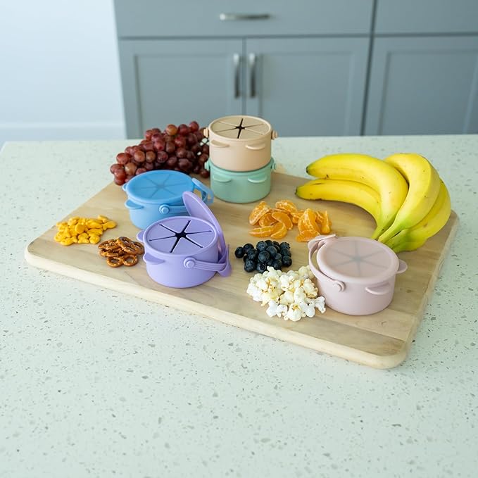 Silicone No Spill Snack Cups for Toddlers – Portable Baby Snack Cup Containers with Dustproof Lid – Dishwasher-Friendly Toddler Spill Proof Cups Without BPA, Lead, or Phthalates – Blue and Beige