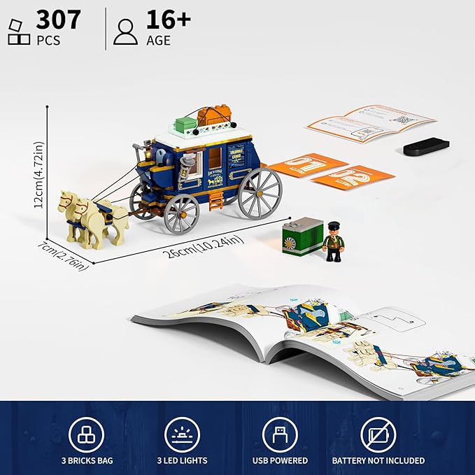 Western Treasure Stagecoach Lighting Building-Bricks Set - Old West Carriage and Horse 307 Pcs Collection Display Set for West Lovers