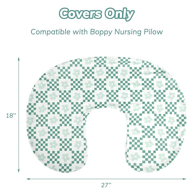 Pea Pod Minky Nursing Pillow Cover 2 Pack, Removable Nursing Cover for Breastfeeding Pillows, Soft and Comfortable Pillow Slipcover for Baby Girls Boys Newborn, Green& Checkered