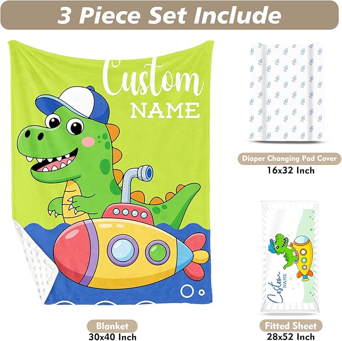 Personalized Baby Crib Bedding Set, Custom Name Submarine Pattern Nursery Bedding Set 3 Pcs, Baby Blanket Fitted Crib Sheet Changing Pad Cover, Personalized Nursery Decor Gift for Newborns Boys