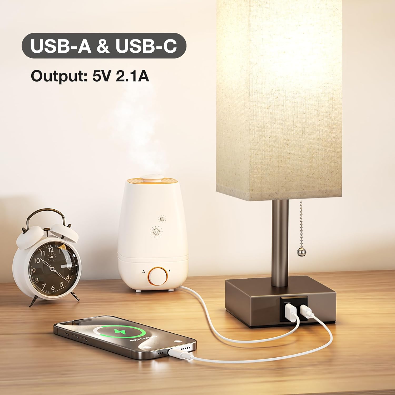 aooshine Beige Small Table Lamp for Bedroom - 3 Color Temperature 3000K 5000K 4000K Bedside Lamp, Pull Chain Control, USB A and C Ports, Brown Base, Bulb Included