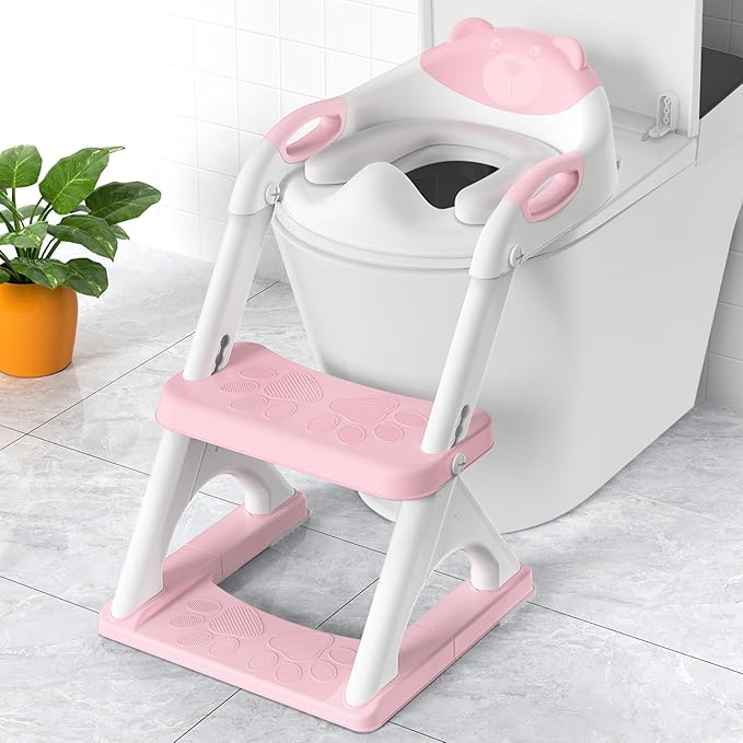 SKYROKU Potty Training Seat for Toddlers – 2-in-1 Adjustable Potty Ladder with Step Stool, Anti-Slip Cushion, Splash Guard & Extra-Wide Pedals, Supports 200+ lbs, Ideal for Boys & Girls (Pink)