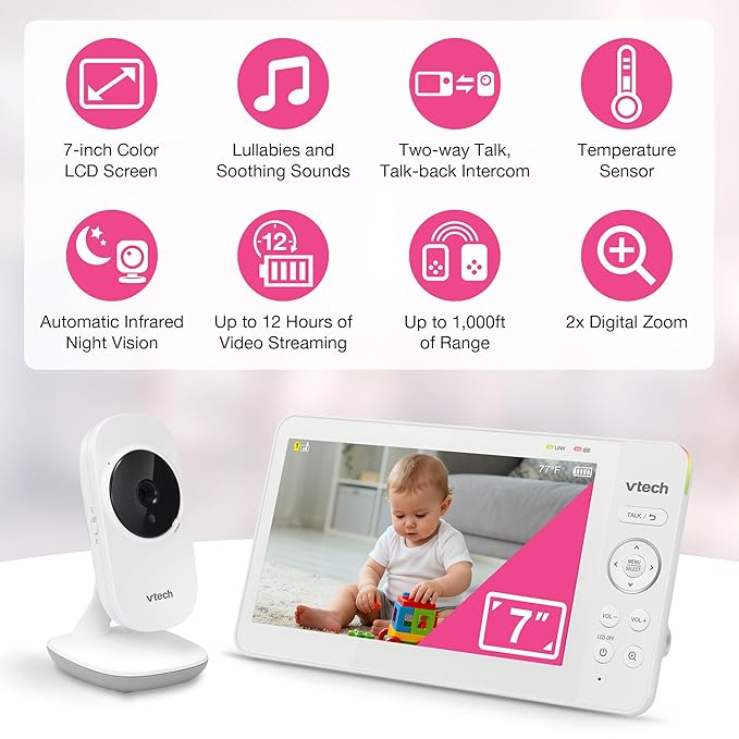 VTech Video Baby Monitor with 7" Color LCD Screen, Portable, Long Battery Life, Clear Audio/Video Quality, Secure Transmission, No Wi-Fi, 2-Way Audio, Temperature Sensor, Travel Monitor: 819 Max