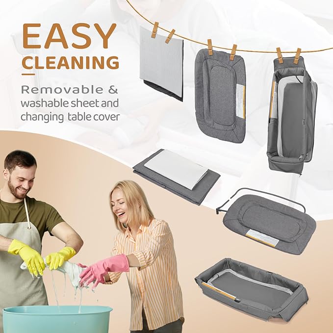 JOYMOR 7 in 1 Bedside Bassinet with Changing Table, All in One Nursery Center, Bedside Sleeper with Mattress, Sheet, Canopy, Storage Shelf,Gray