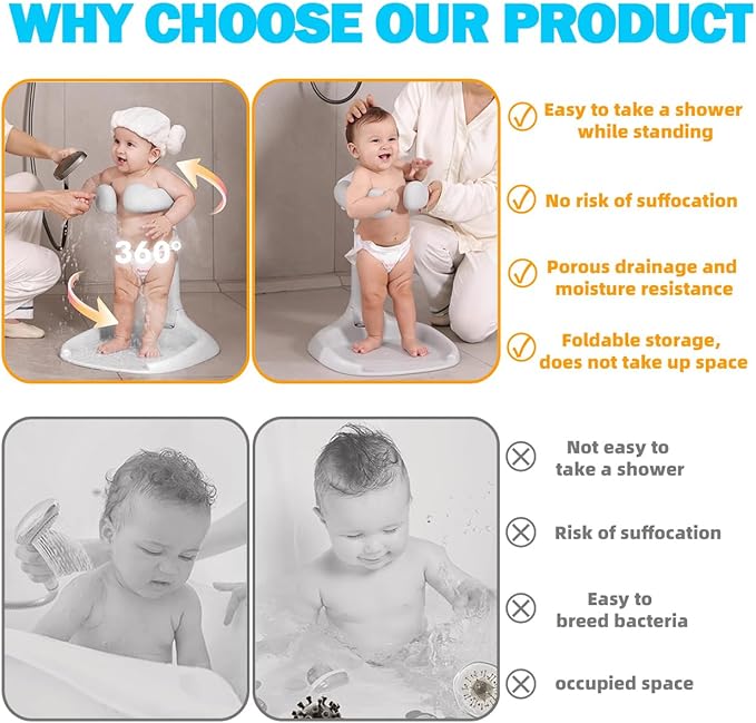 Toddler Bath Stand-ABS & TPE Material, Foldable & Adjustable 5 Levels Infant Bath Seat for Babies 6 Months to 3 Years Old, Non-Slip|Easy to Clean|Convenient for Travel, No Assembly Need