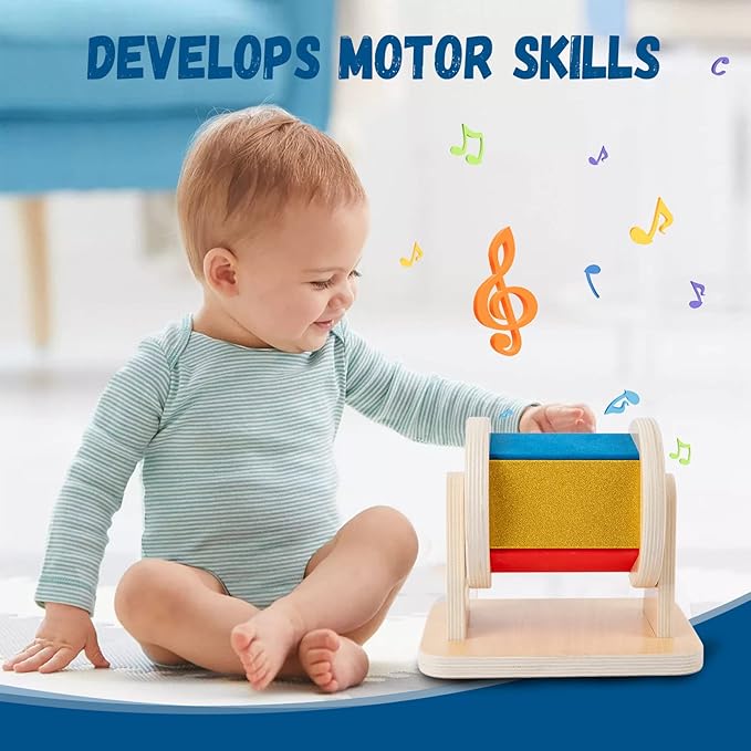 Adena Montessori Spinning Drum Baby Toys,Montessori Toys for Babies 6-12 Months Toddlers,Wooden Spinning Rainbow with Multiple Materials Baby Christmas Toys for Boy and Girls Gift(Medium-size Texture)